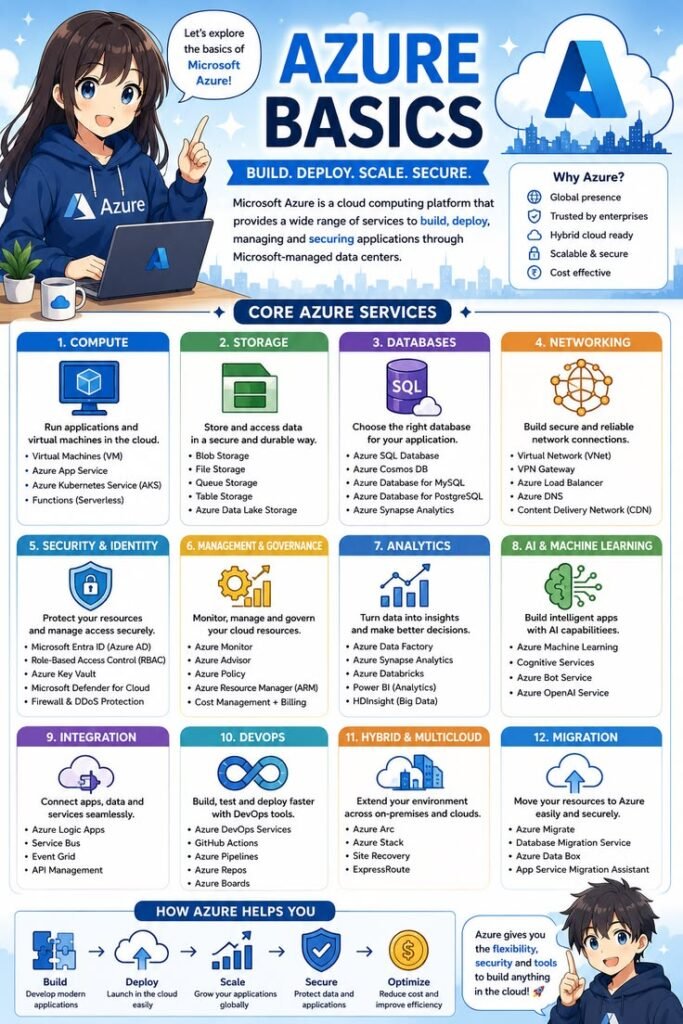 Azure course in Bangalore – Azure basics infographic showing cloud services
