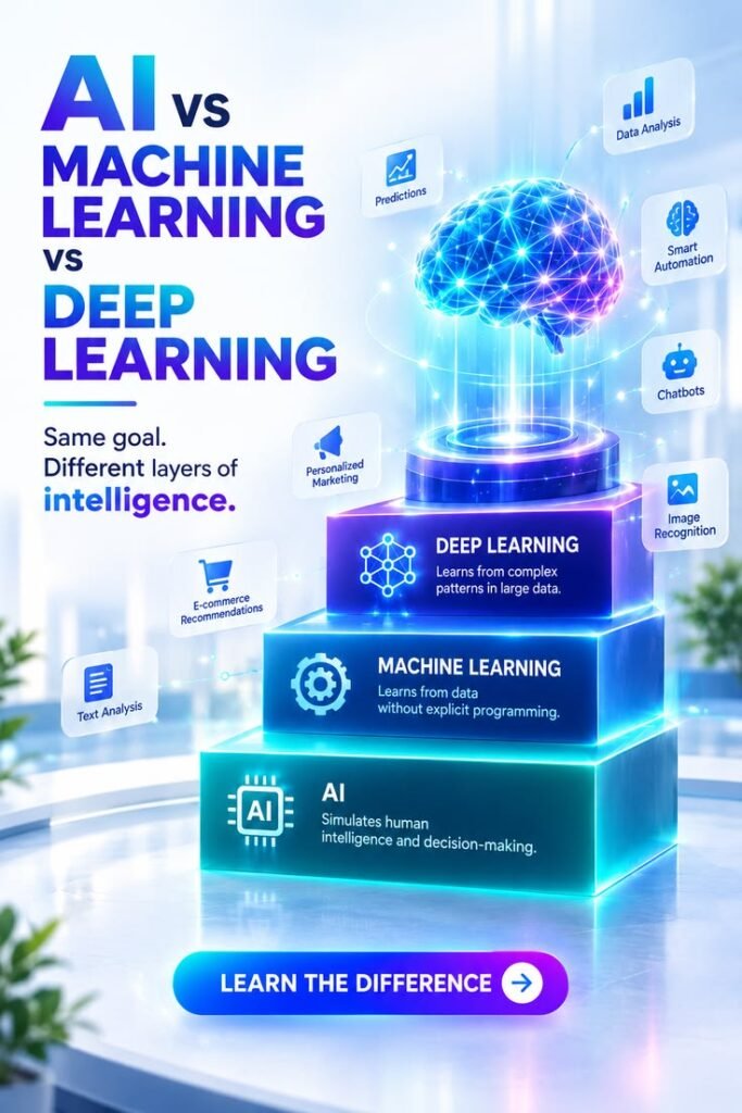 AI vs Machine Learning vs Deep Learning comparison graphic for AI and Data Science course in Bangalore
