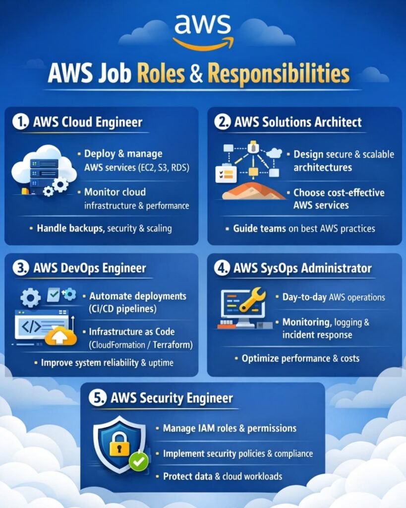 AWS Job Roles & Responsibilities poster covering Cloud Engineer, Solutions Architect, DevOps, SysOps, and Security Engineer training at Fast Learning Technologies in Nagavara Bangalore