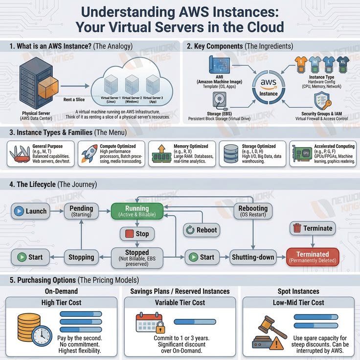 Understanding AWS Instances virtual servers infographic covering AMI, components, lifecycle, and pricing for AWS course in Nagavara